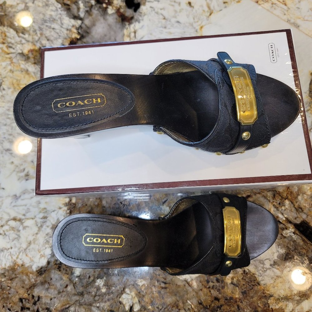 COACH Abella signature C's black and gold studded heels Size 9.5